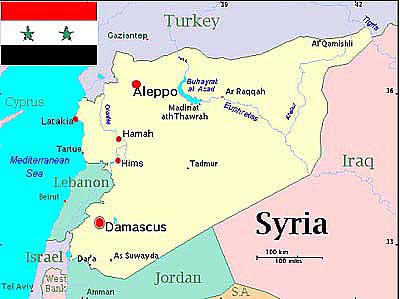 Map of Syria , Showing major cities , neighbour countries